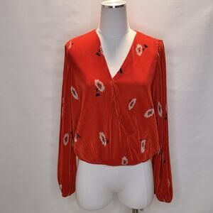 ASTR The Label Blouse Womens Large Orange Floral Pleated Long Sleeve Cropped Top